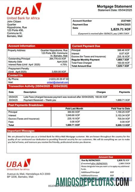 imprimível Mali United Bank For Africa Declaração de hipoteca do Mali Word e modelo PDF